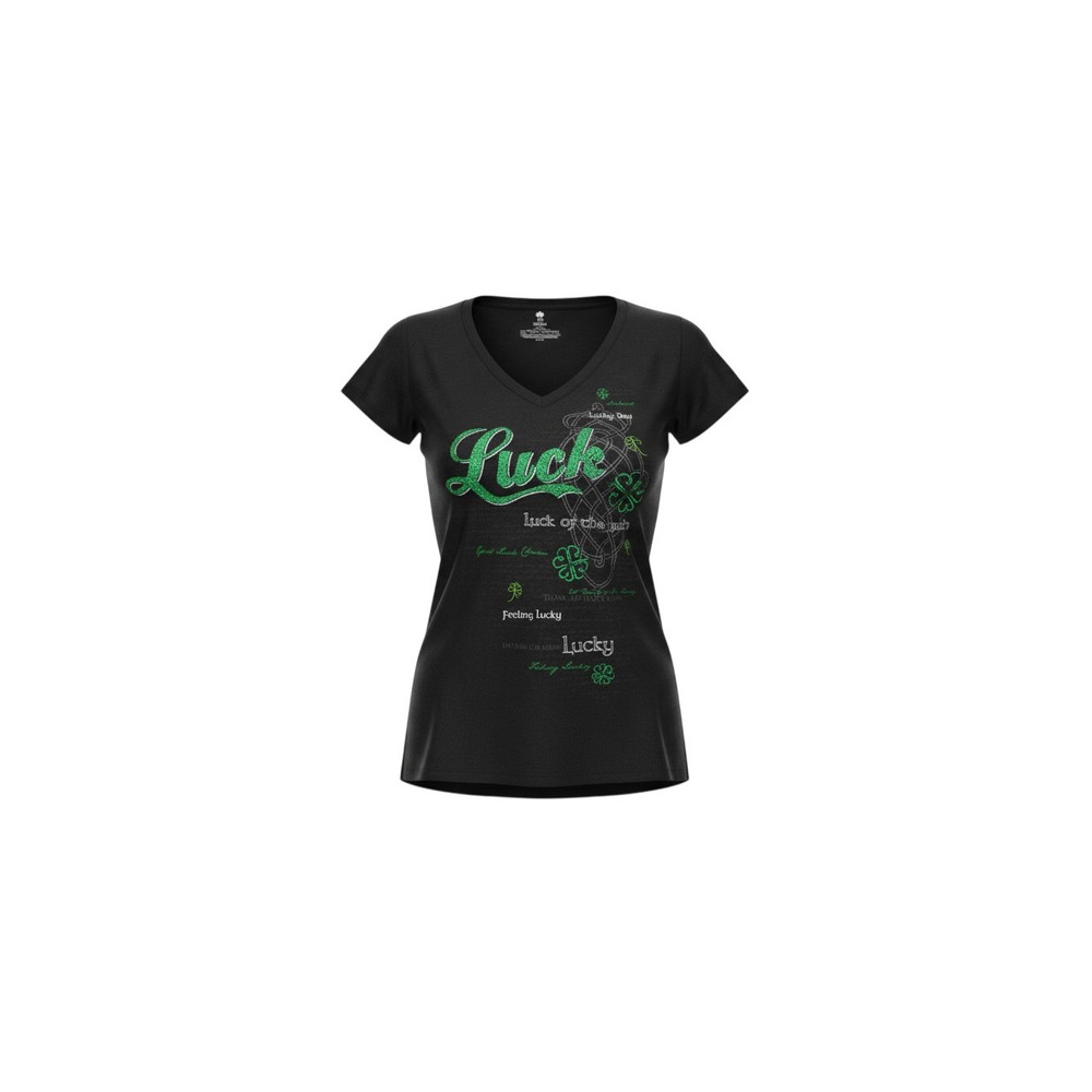 Luck V-Neck Graphic Tee Womens Small Black St Patricks Day Shamrock Foil